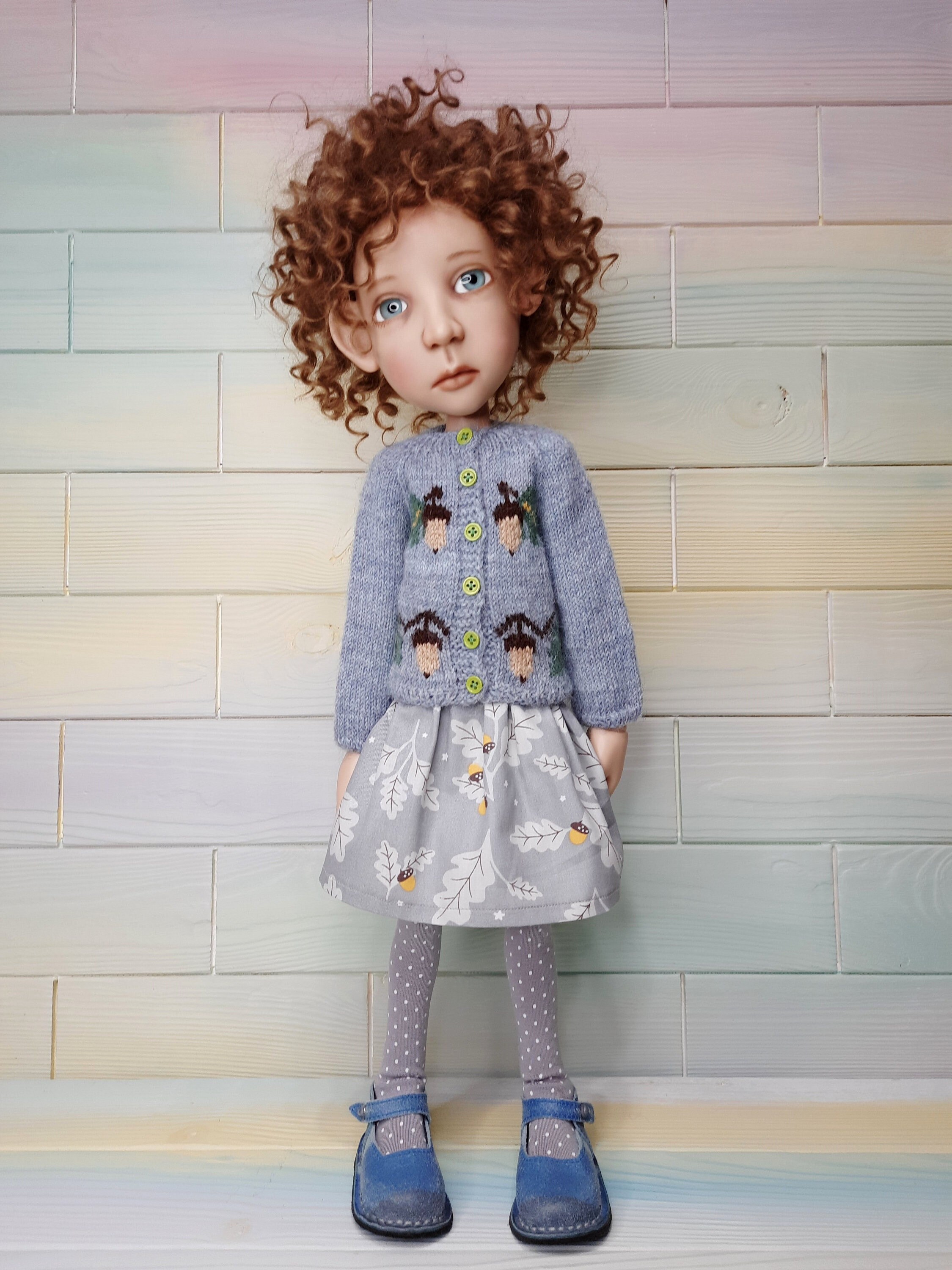 Big Stella doll set Handknit cardigan with acorns, skirt and stockings for BJD 19” Stella  doll by Connie Lowe