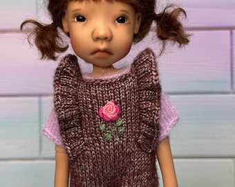 Little Stella 12 &quot; / Meili doll set Handknit overall with ruffles and handknit bodysuit for Small doll by Connie Lowe