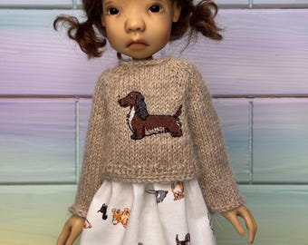 Little Stella 12 &quot; / Meili doll set Handknit dachshund sweater, skirt and socks for Small doll by Connie Lowe