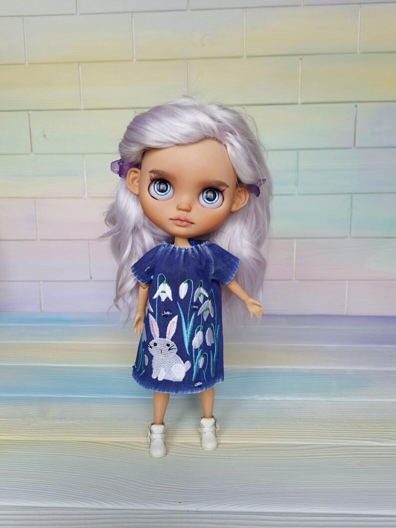 Puede incluir: Una mu&ntilde;eca con el pelo largo y blanco que lleva un vestido de mezclilla azul con flores blancas bordadas y un conejo blanco. La mu&ntilde;eca lleva zapatos blancos y tiene ojos azules.