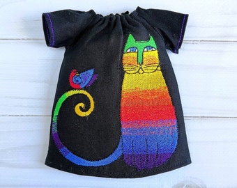 Blythe Doll Dress: Black Organic Cotton with Rainbow Cat Embroidery