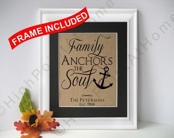 Family Anchors The Soul Sign WITH FRAME -  Family Name Sign - Nautical Print- Gift for Mom- Grandmother- Burlap Sign