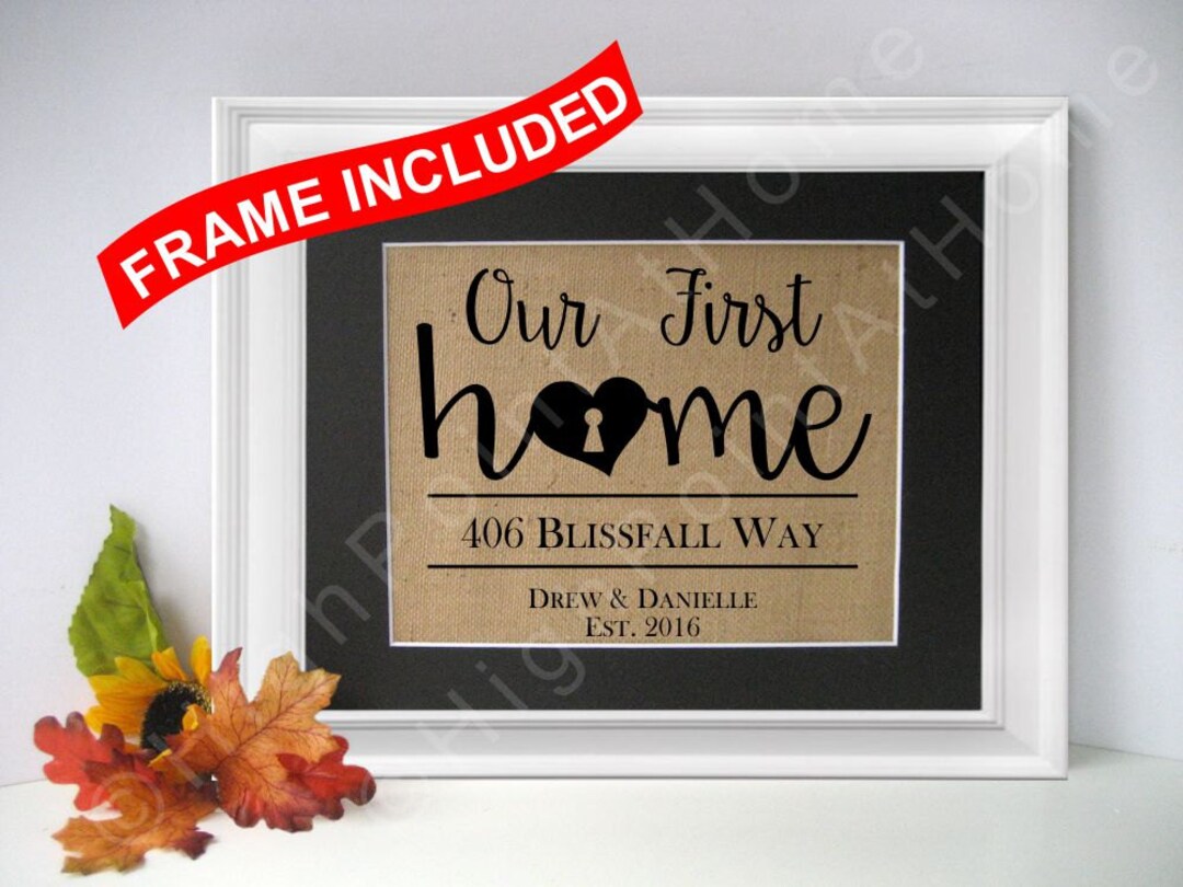 First Home - Personalized Family Name Sign - FRAMED Burlap Housewarming ...