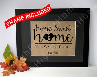 First Home - Personalized Family Name Sign WITH FRAME- New Home Sweet Home - Burlap Housewarming Print- First Home Gift - House Warming Gift