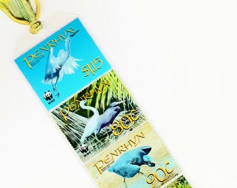 South Pacific Birds Bookmark-Laminated Plastic 2008 Penrhyn Island Stamps-Pacific Reef Egrets-Bird Life-Tropical Nest Chicks-Handmade