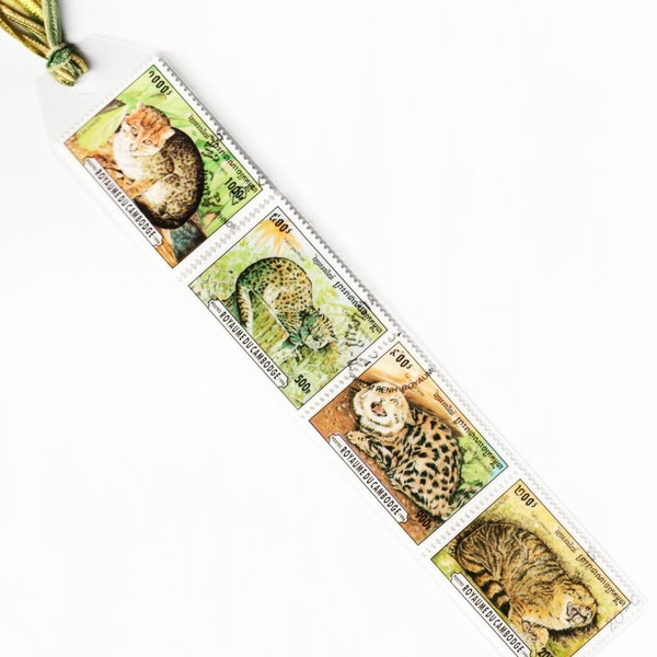 Wild Cats Bookmark-Postage Stamps Laminated Plastic-Cambodia 1996 Exotic Jungle Cats-Wild Animals Book Mark