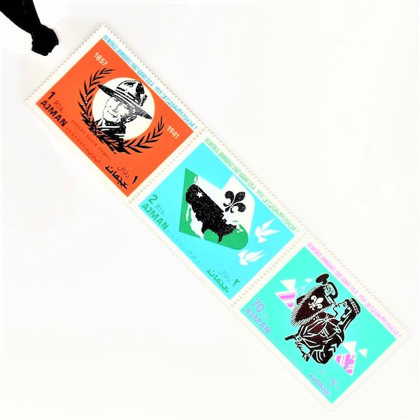 Boy Scouts Bookmark-Postage Stamps Handmade Laminated Plastic-XII World Jamboree 1974 in Idaho-Robert Baden Powell-Scouting History