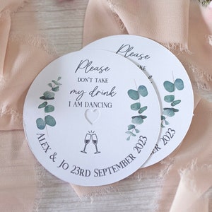 Wedding drinks Coaster, Set Of 10,  Eucalyptus Wedding Drink Cover, Please Don't Take My Drink I'm Dancing, drinks covers,