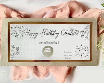 Birthday Surprise Reveal Gift, Golden Ticket, Birthday foiled Scratch Card, Personalised Gift Voucher, Surprise Gift,  Gift Ticket