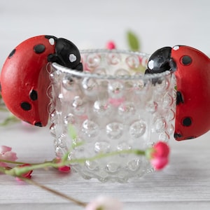 Könnte beinhalten: Ein klarer Glas-Teelichthalter mit Noppen-Design, verziert mit zwei roten Marienkäfer-Verzierungen. Die Marienkäfer haben schwarze Punkte und Köpfe. Rosa Blumen und Grün umgeben den Kerzenhalter.