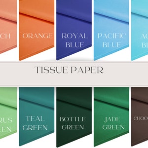 May include: Tissue paper in a range of colours, including peach, orange, royal blue, pacific blue, aqua blue, citrus green, teal green, bottle green, jade green, and chocolate.