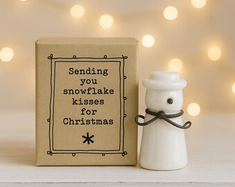 Mini Snowman Christmas Gift, Snowflake Kisses Box,  Ceramic Snowman Ornament,Holiday Shelf Decor, Winter Gift Idea