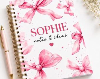 Personalised Pink Bow Notebook, Custom Name Hardback Journal, Watercolour Bow Notes & Ideas Book, Cute Gift for Her