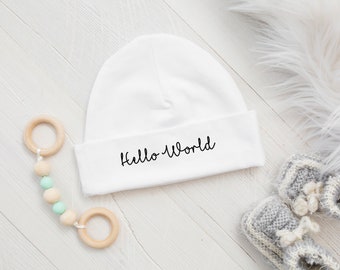 Personalised New Baby Hat, Beanie Hat, New Baby Gift, Baby Shower Gift, Newborn Baby, hello world