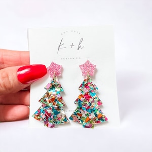 Pastel Holiday Confetti Christmas Tree Earrings, Glittery Tree Earring, Holiday Tree Earrings, Fun Christmas Earrings, Xmas Glitter Earrings