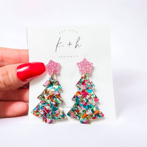 Pastel Holiday Confetti Christmas Tree Earrings, Glittery Tree Earring, Holiday Tree Earrings, Fun Christmas Earrings, Xmas Glitter Earrings