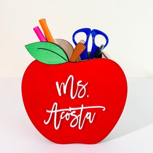 Personalized Teacher Wooden Pencil Apple Desk Pen Holder, Scissors & Pen Holder, Teacher Gift, Teacher Appreciation Gift, Desk Organizer image 2