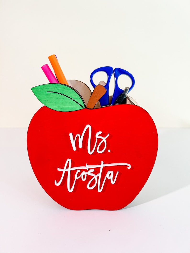 Personalized Teacher Wooden Pencil Apple Desk Pen Holder, Scissors & Pen Holder, Teacher Gift, Teacher Appreciation Gift, Desk Organizer image 2