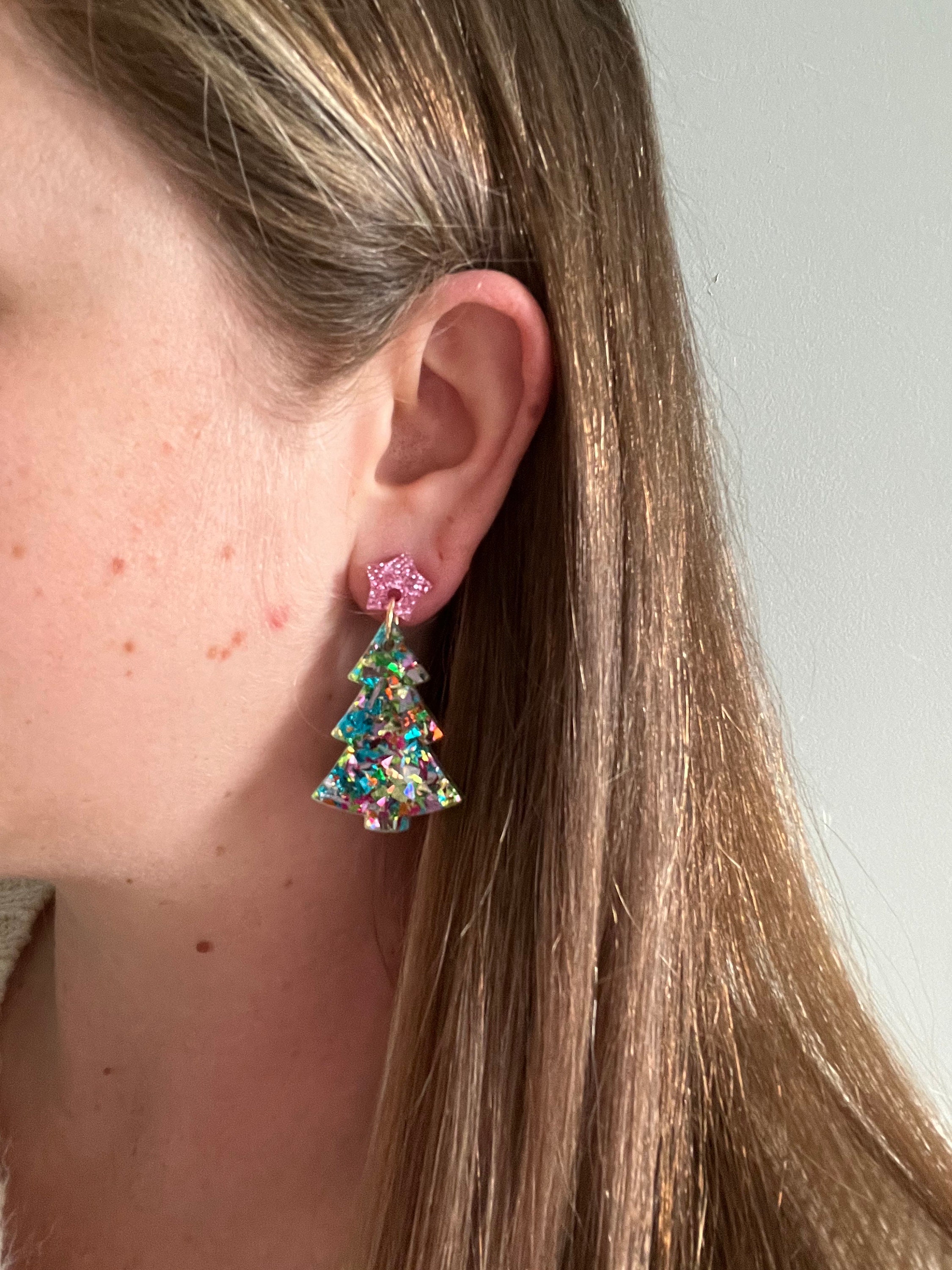 Pastel Holiday Confetti Christmas Tree Earrings, Glittery Tree Earring, Holiday Tree Earrings, Fun Christmas Earrings, Xmas Glitter Earrings