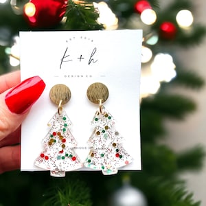 Holiday Confetti Christmas Tree Earrings, Glittery Tree Earring, Holiday Tree Earrings, Christmas Statement Earrings, Xmas Glitter Earrings