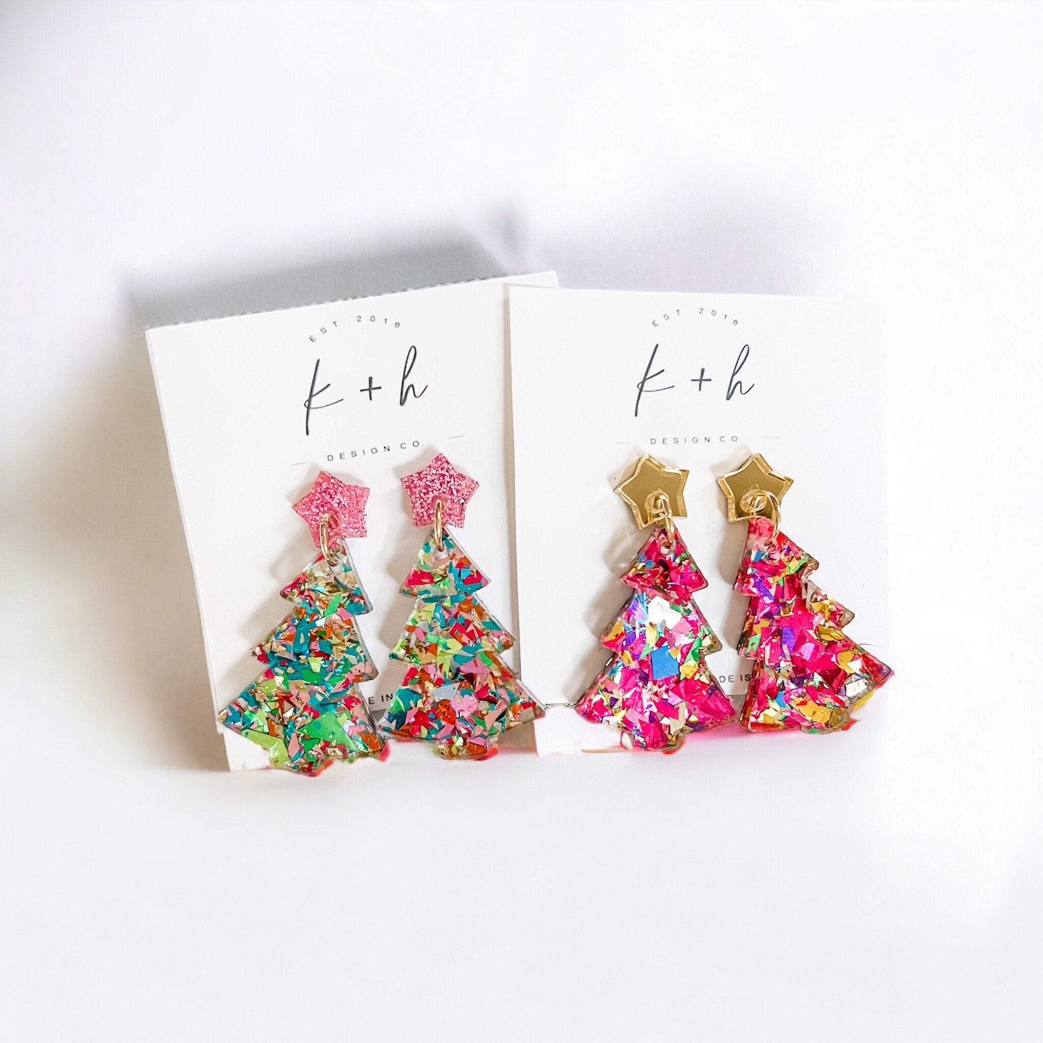 Pastel Holiday Confetti Christmas Tree Earrings, Glittery Tree Earring, Holiday Tree Earrings, Fun Christmas Earrings, Xmas Glitter Earrings