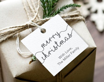 May include: A wrapped gift box tied with twine, adorned with a sprig of greenery and a tag that reads "merry christmas." The scene includes pine cones, a red ornament, and snowflake decorations, creating a festive holiday theme.