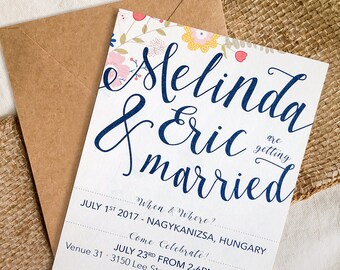 Floral Elopement reception invitation, Elopement announcement, Destination Wedding Invitation, Just Married Wedding Announcement, we eloped