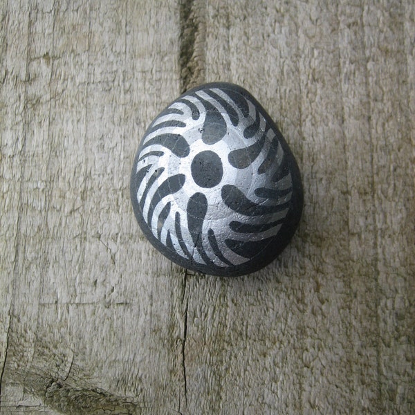 Liquid Silver Pebble - Hand painted beach pebble - mandala pebble - beach art - natural stone - painted stone - home decor