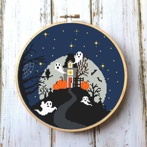 Halloween Cross Stitch Pattern: Spooky Night Landscape (PDF Download)