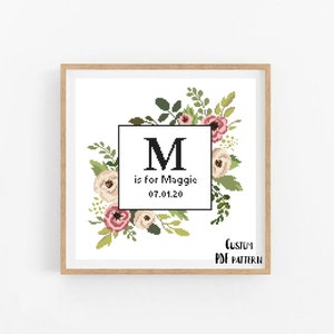 Floral Baby birth announcement Greenery modern cross stitch pattern Nursery caligraphy Flowers baby girl Baby shower gift DIY, PDF X369