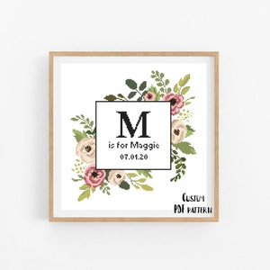 Floral Baby Birth Announcement Cross Stitch Pattern: Modern Greenery (PDF)
