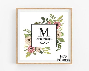 Floral Baby Birth Announcement Cross Stitch Pattern: Modern Greenery (PDF)