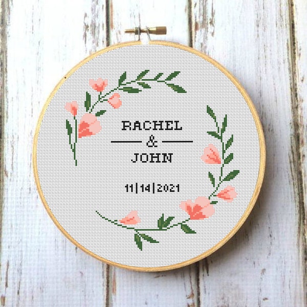 Greenery wedding wreath Cross stitch pattern DIY floral flowers chart Save the date Anniversary gift - Digital Format X348