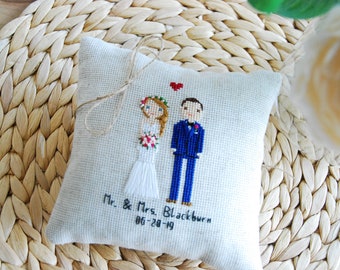 Personalized Ring Pillow Ring bearer pillow Custom cross stitch pillow Ring holder pillow Rustic wedding ring pillow Wedding keepsake