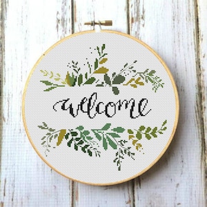 Welcome Cross Stitch Pattern, Modern cross stitch, Floral flower wreath cross stitch, Room Wall Decor, Hoop art, Instant download X346 image 1