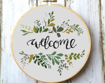 Welcome Cross Stitch Pattern, Modern cross stitch, Floral flower wreath cross stitch, Room Wall Decor, Hoop art, Instant download X346