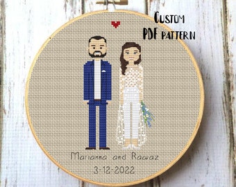 Wedding cross stitch pattern | Custom bride and groom | Cotton anniversary gift | Family portrait | 1st anniversary | Gift for bride