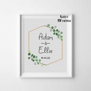 Greenery wedding wreath cross stitch pattern Eucalyptus Bridal shower engagement counted Embroidery DIY, anniversary X354