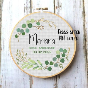 Geboorteaankondiging modern kruissteekpatroon, baby, gepersonaliseerd, bloemenmeisje kinderkamer decor, geteld, grafiek, cadeau DIY - digitaal formaat