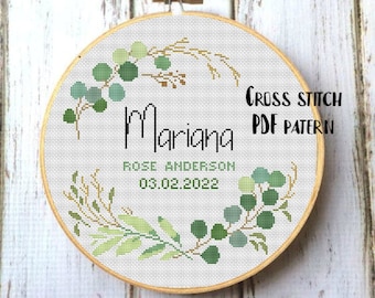 Birth announcement modern cross stitch pattern, baby, personalized, flowers girl nursery decor, counted, chart, gift DIY - Digital Format