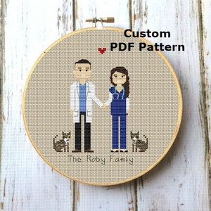 Portrait de famille personnalisé Patron PDF 4 personnages Cadeau pour médecin Cadeau pour infirmière Cadeau retraite médecin Cadeau vétérinaire fait main