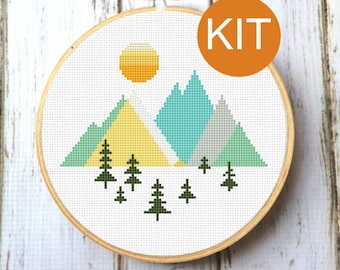 Cross stitch KIT beginner, Beginner cross stitch, Mountains Geometric Cross Stitch Pattern Forest Scandinavian Woodland  X178