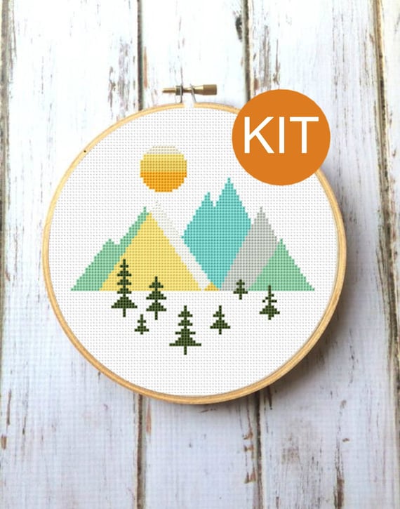 Cross Stitch KIT Beginner, Beginner Cross Stitch, Mountains Geometric Cross  Stitch Pattern Forest Scandinavian Woodland X178 