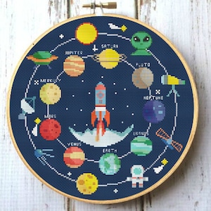 May include: A circular embroidery hoop containing a cross-stitch pattern of the solar system on a dark blue background. It features a central rocket, various planets labelled Mercury, Venus, Earth, Mars, Jupiter, Saturn, Uranus, Neptune, and Pluto, along with an alien, a telescope, a satellite, and an astronaut.