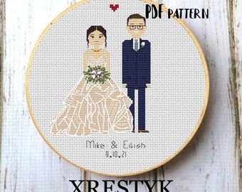 Custom Wedding cross stitch pattern, Gift for couple,  Bride and groom portrait PDF, Custom Cotton Anniversary Gift, 1st anniversary gift