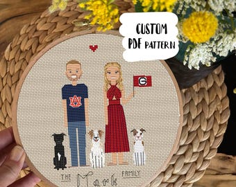 Peut inclure: Un portrait de famille au point de croix personnalisé dans un cercle en bois. Le motif représente un couple, trois chiens et le texte "The Mark Family". L'homme porte une chemise bleu marine avec un logo "A", et la femme tient un drapeau. Le texte "CUSTOM PDF PATTERN" est également visible.