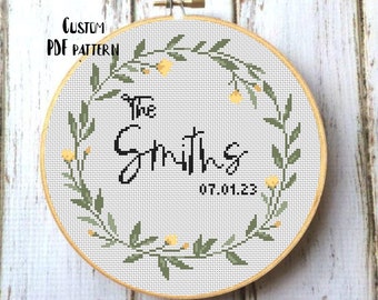 Cross stitch pattern Floral wreath Wedding gift Family name sign Bridal shower engagement Personalized wedding gift DIY