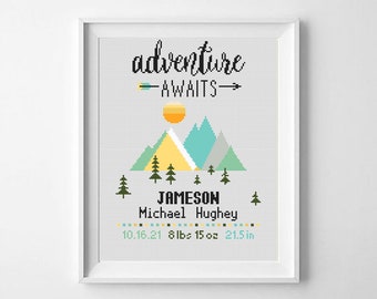 Mountains birth announcement Counted cross stitch pattern New baby girl boy nursery Adventure awaits - Digital Format X350