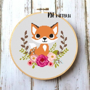 Fox Nursery Baby Cross Stitch Pattern Modern Cross Stitch Pattern Red fox PDF Nursery Woodland animals Embroidery pattern X100