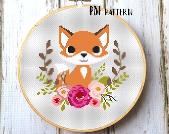 Fox Nursery Baby Cross Stitch Pattern Modern Cross Stitch Pattern Red fox PDF Nursery Woodland animals Embroidery pattern X100
